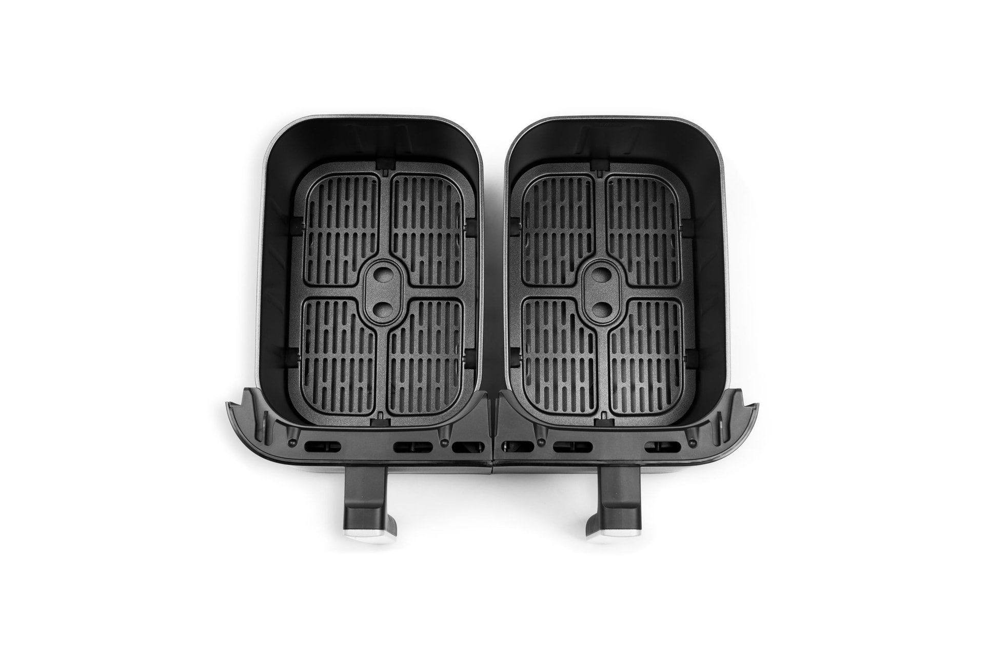Vivid Green-dubbele airfryer met beide bakjes open, van bovenaf gefotografeerd